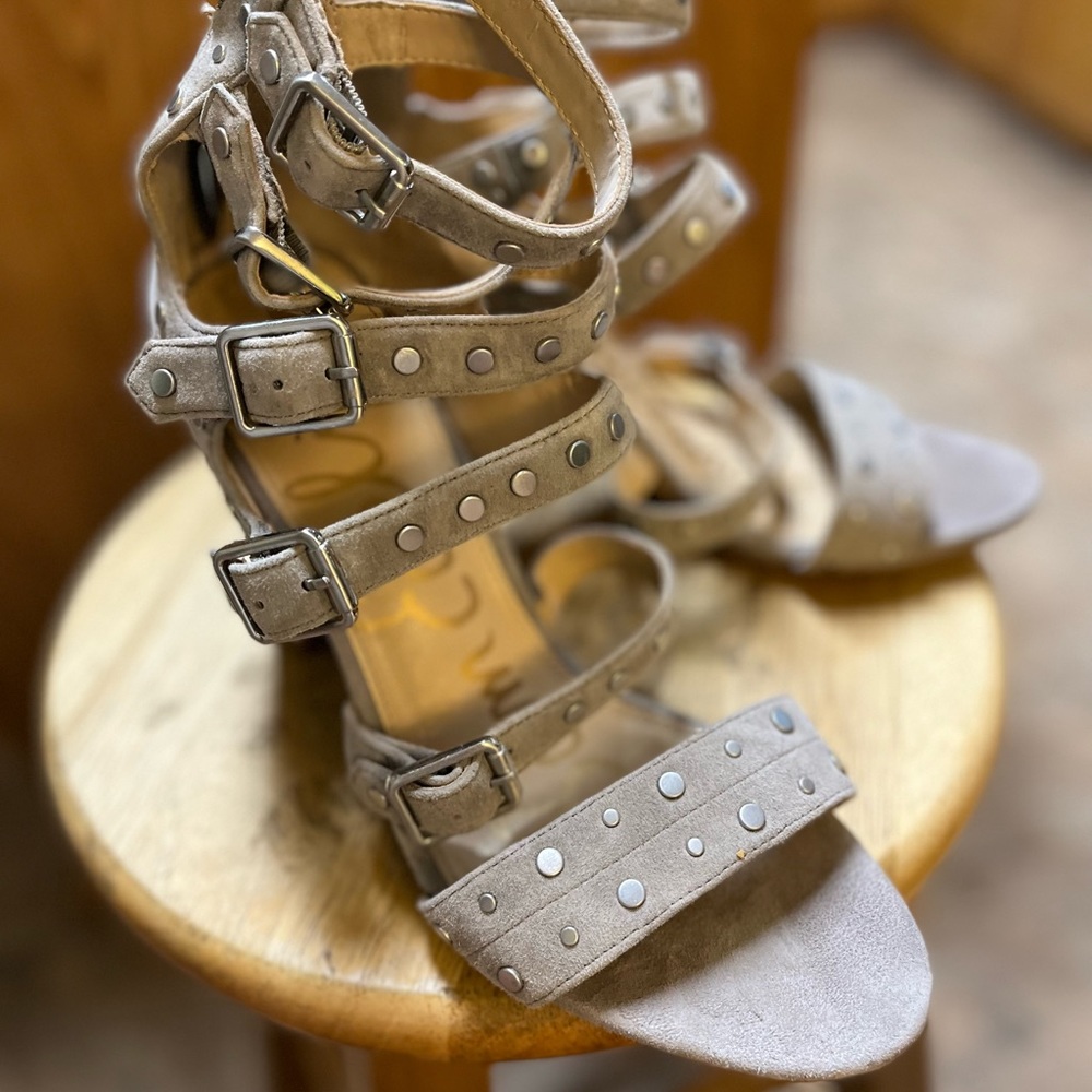 Sam Edelman grey & silver stud buckle heels
